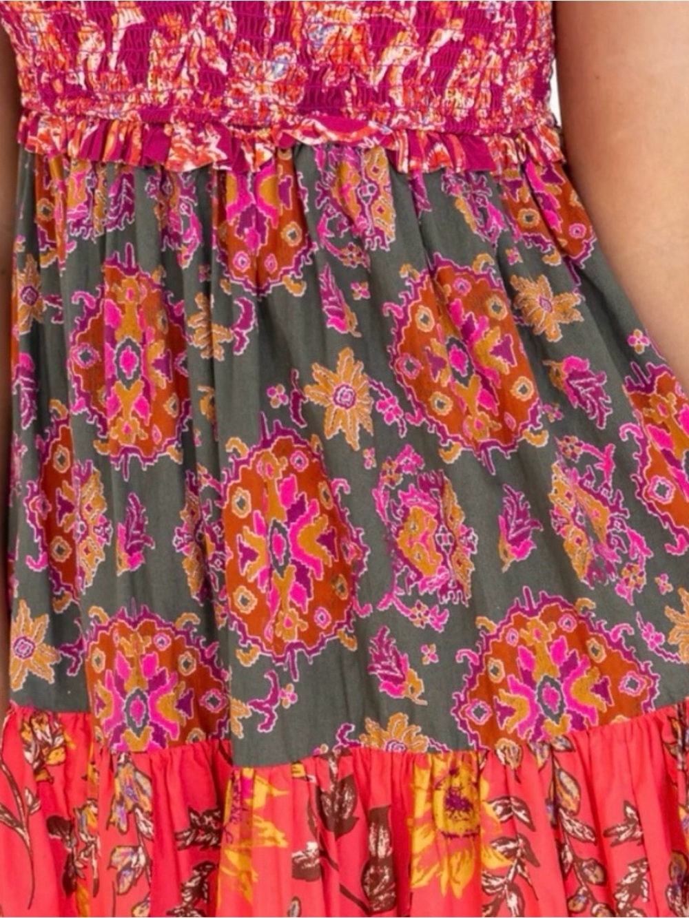Free People Coral and Pink Floral Tiered Maxi Dress with Tie Straps - Picture 4 of 5